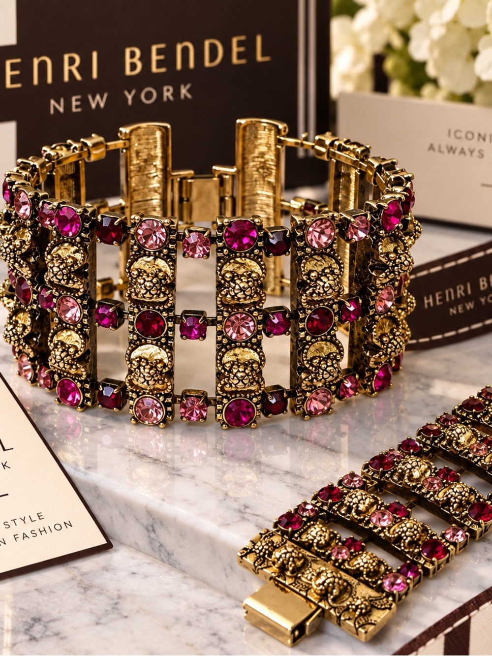 Henri Bendel Gold Tone Bracelet with Pink and Fuchsia Crystals